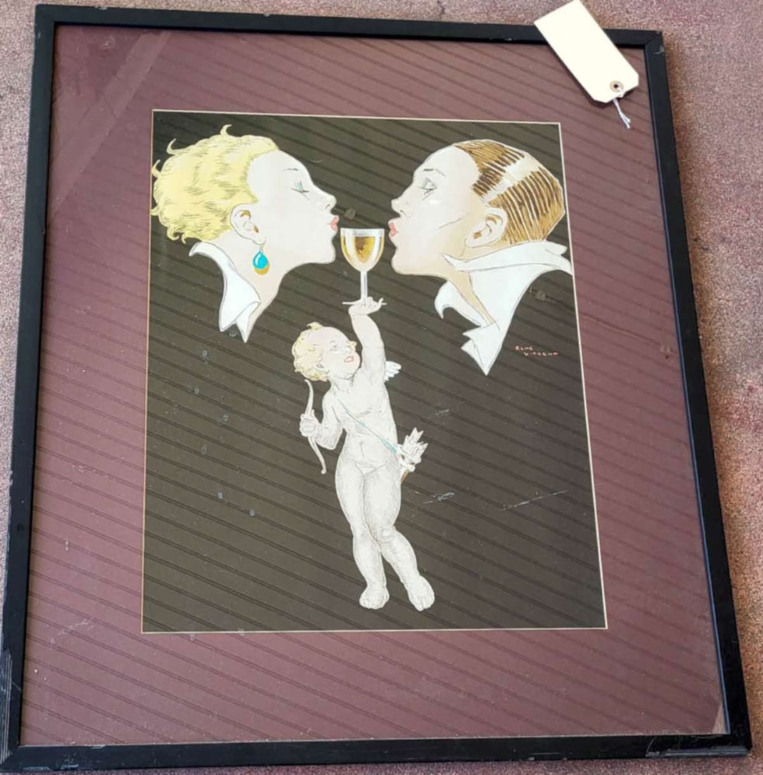 French Art Deco period framed poster: vintage Art Deco Era poster, originally designed by Rene Vincent (1879 - 1936), depicting a fancy looking man and woman sharing a cocktail or glass of liquor held up by a Cherub, Cup