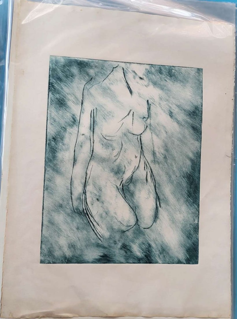 large vintage nude figure study print: unsigned, but attributed to (by the consignor) Mildred Friedland this is a monochrome bluish green etching or print depicting a kneeling figural nude woman about 30" high by 22" wide