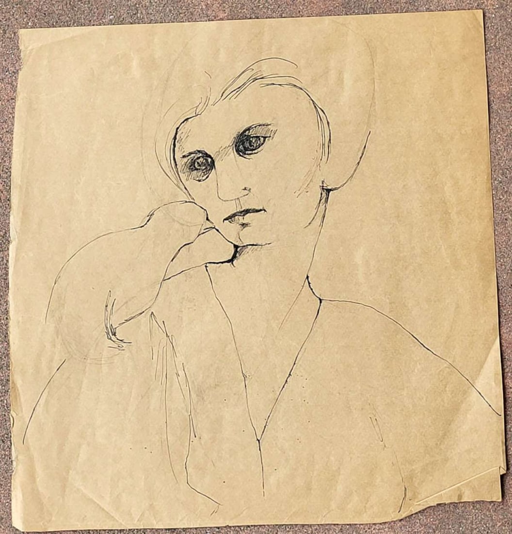unusual haunting portrait drawing: vintage original pen or ink illustration study drawing of a woman with fierce eyes and a bird on her right shoulder, unsigned but bought together with some Alexander Dobkin drawings which were s