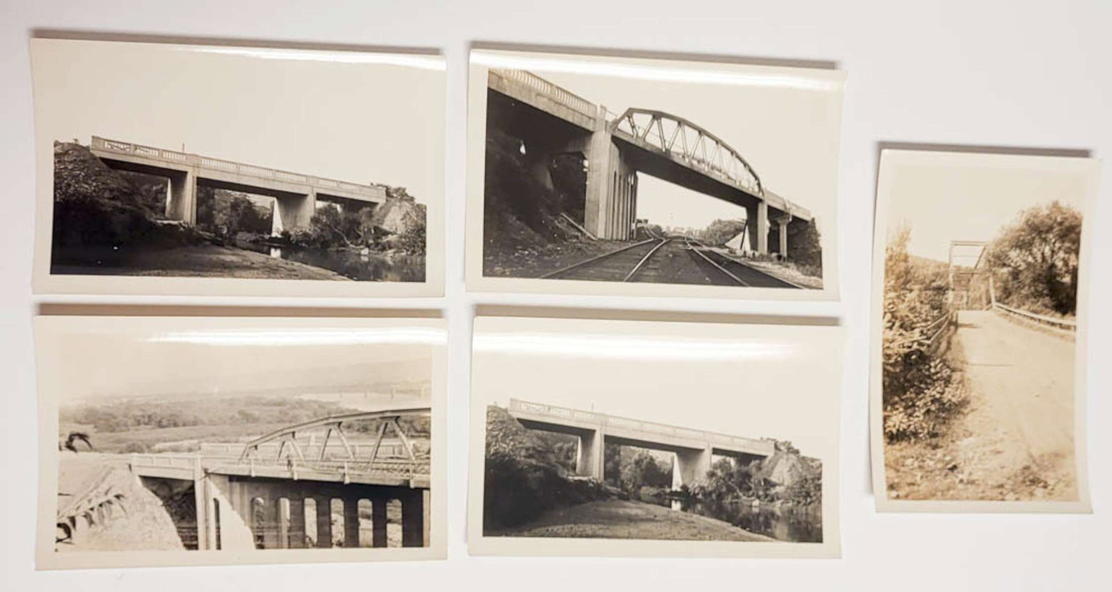 vintage photographs of bridges: set or lot of five vintage black and white and sepia toned photographs depicting various bridges and overpasses - feats of engineering