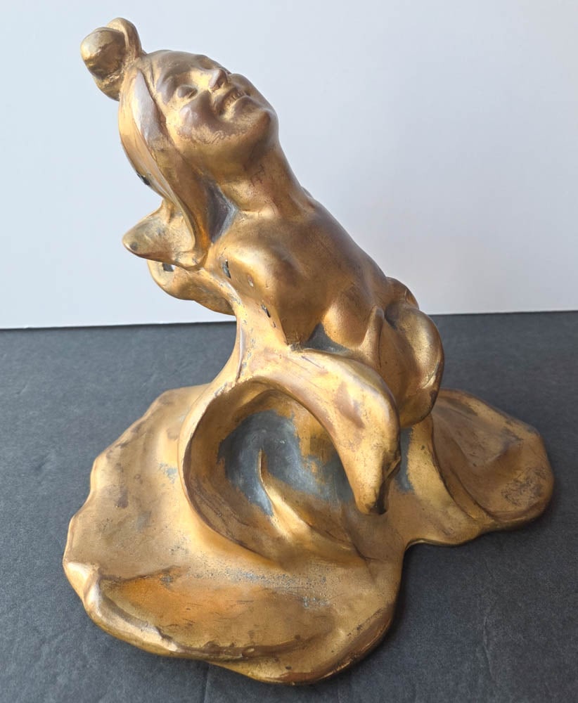 antique Art Nouveau lady bust: unusual antique Victorian or Art Nouveau Era gilt metal (bronze or Spelter?) figural sculpture of a semi nude woman with her head throw back, unsigned and not sure if this was meant as a
