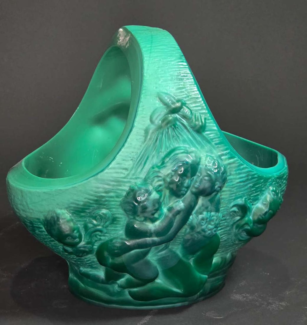antique Malachite glass handled bowl: antique vibrant green moulded relief handled dish, originally designed by Carl Schlevogt but this piece is marked (etched) Lalique France as shown (not sure if this is actually true, or a 