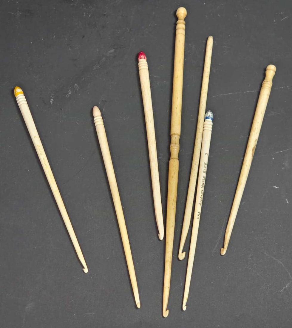 antique bone sewing implement tools: set or lot of 7 carved bone antique Edwardian or Victorian Era late 1800's knitting or crocheting sticks, some with colorful painted ends and some with sizes on them longest one about 8&quo