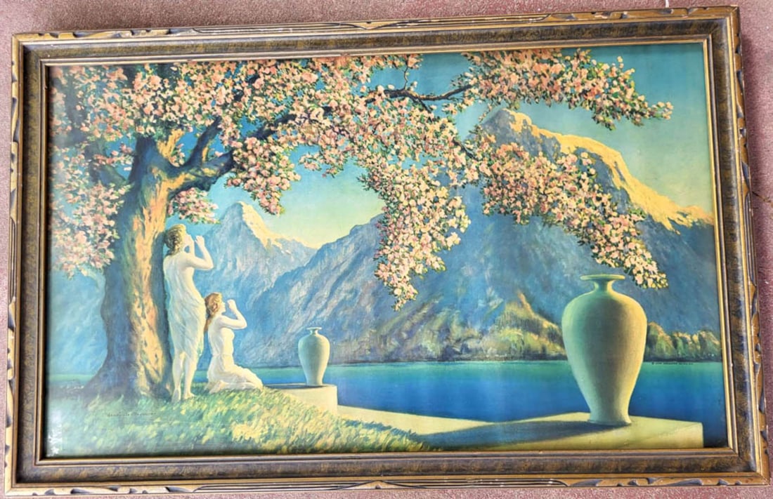 vintage large Art Deco print by Henri Reynard: antique chromolithograph print named Love Echoes by Henri Reynard and published by John Drescher Company out of New York, depicting two scantily clad women or girls lakeside with mountains and