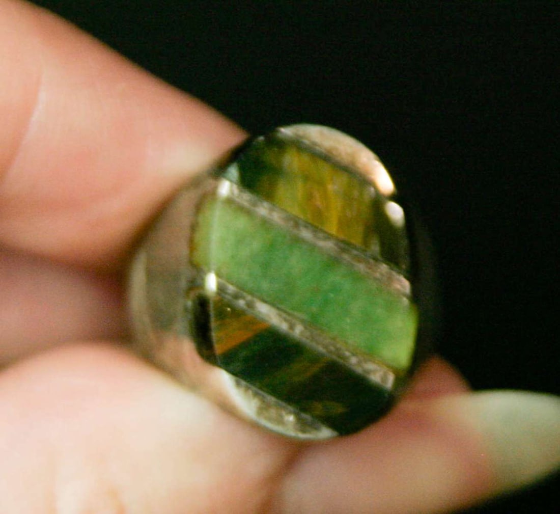 vintage estate jewelry: Native American ring: marked 925 for Sterling silver and illegibly stamped with the maker's or artist's name as shown, chunky or fat silver ring with gorgeous yellow to green inlaid banded stone: Turquoise 