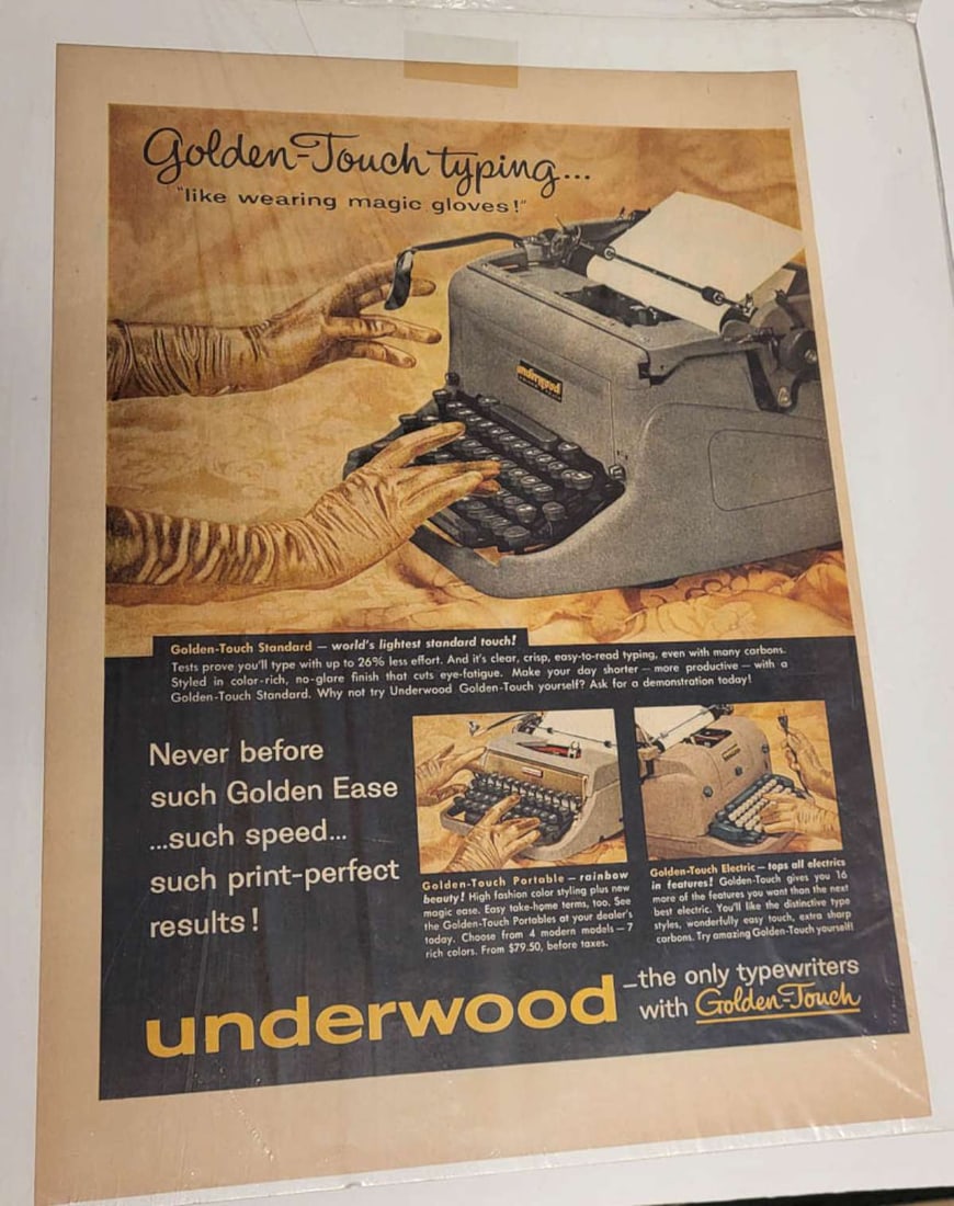1958 Underwood typewriter advertisement: vintage MCM or Mid Century Modern Underwood Golden-Touch Typing ad, ready to frame in protective sleeve, so reflections in the photographs!