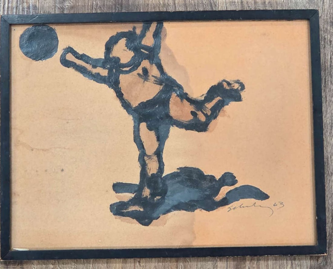 unusual MCM figurative Expressionism painting: small size black wooden frame with Mid Century Modern dated 1963 painting on paper, signed illegibly lower right (appears to be R. Schuurmuly?) and depicting a male figure with deep shadows