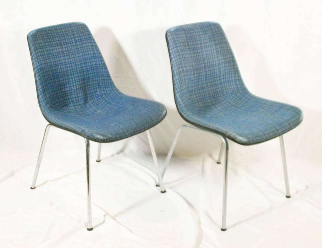 PAIR MCM shell chairs by Sturgis: identical pair of Mid Century Modern blue fiberglass shell chairs, with original wool boucle style Tartan upholstery fabric and chromed round legs, marked as shown for Sturgis Chair Compan