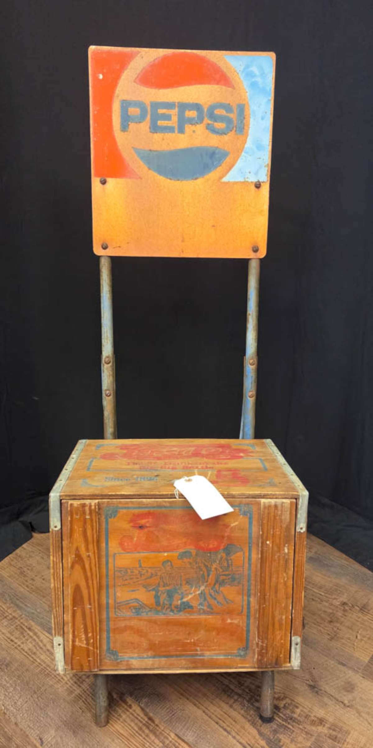 Pepsi-Cola MCM dolly and crate set: vintage Mid Century Modern 1950's or '60's set of Pepsi-Cola hand truck or dolly with metal brand plaque and wooden A Nickel Drink Worth A Dime lidded box or crate, with inside a 