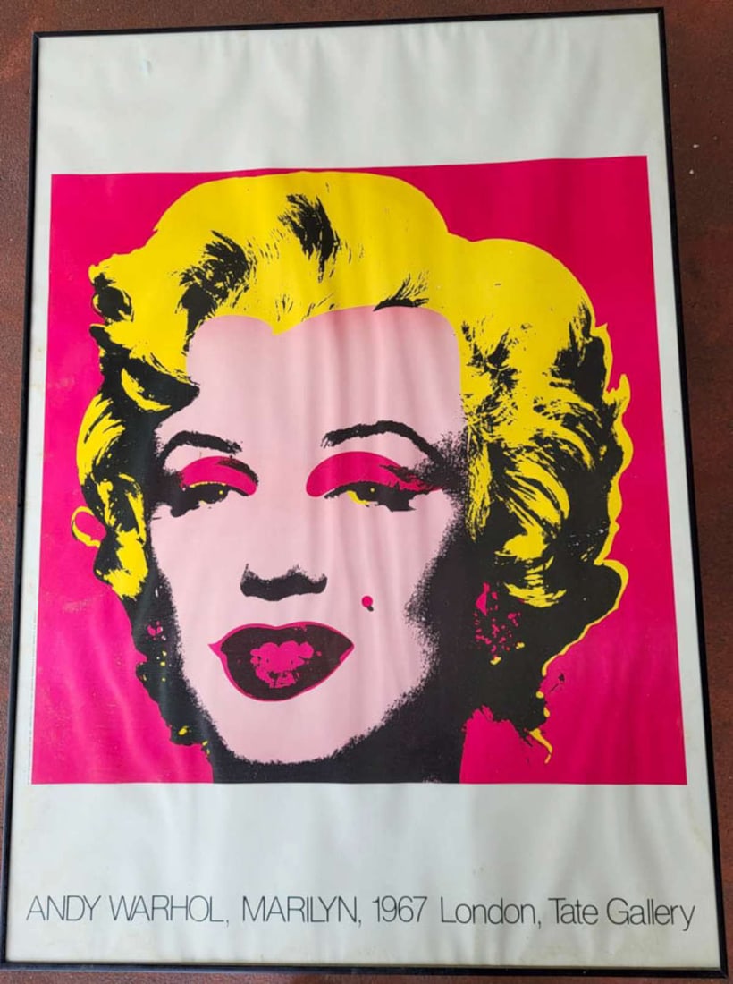 large vintage Andy Warhol print of Marilyn Monroe: vintage 1987 Italian reprint of the Andy Warhol Tate Gallery in London exposition in 1967 titled Marilyn and depicting a classic Warhol's style vibrantly colored portrait design in yellow, 