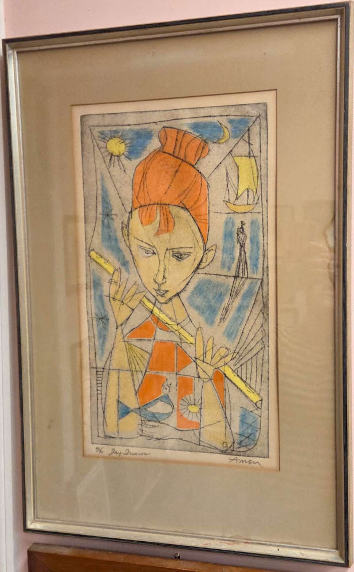 vintage signed woodblock print musician (1 of 7)
