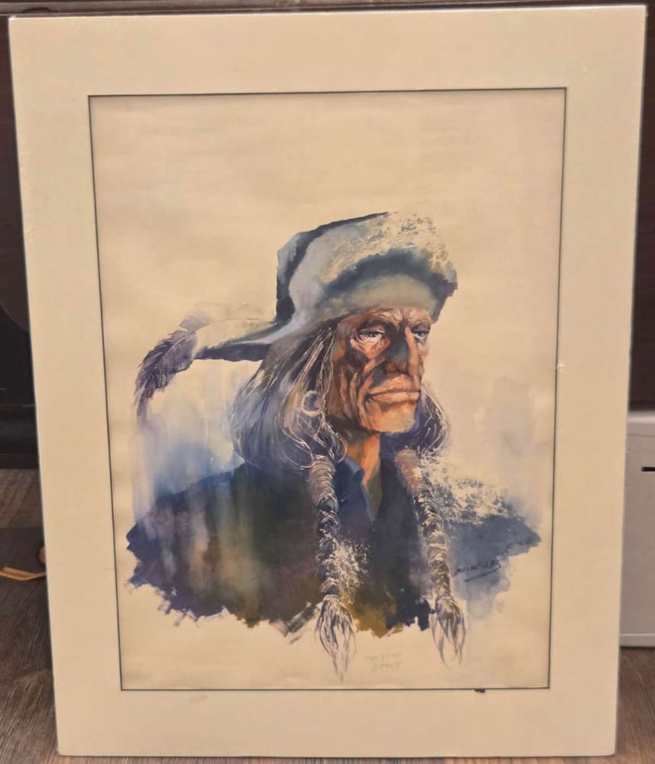 large original 1970s Western themed watercolor: signed Mitchell lower right as shown and dated 1975 (possibly Arthur Roy Mitchell, American born 1889 to1977??) and pencil named "illegible" Scout and depicting a cowboy with a weather