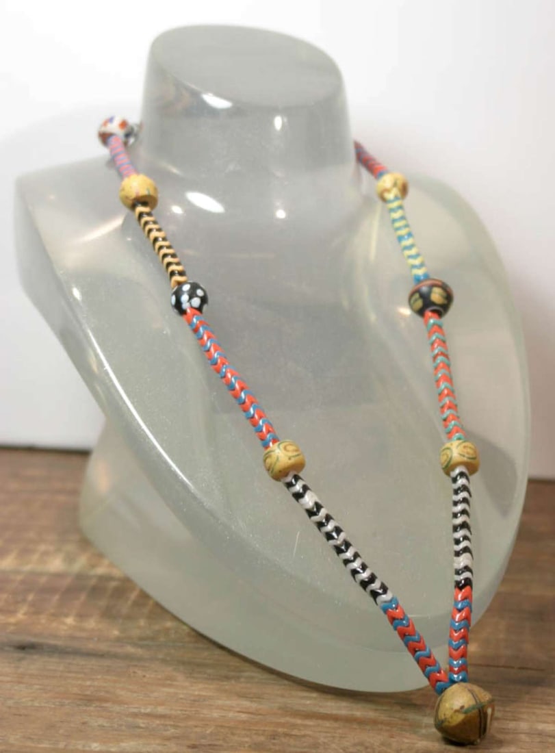 vintage estate jewelry: ethnic necklace: not sure if this is a Maasai African or Native American Indian necklace, with vibrantly colored design and pottery Venetian made trade "King" beads as shown almost 32" long (insid