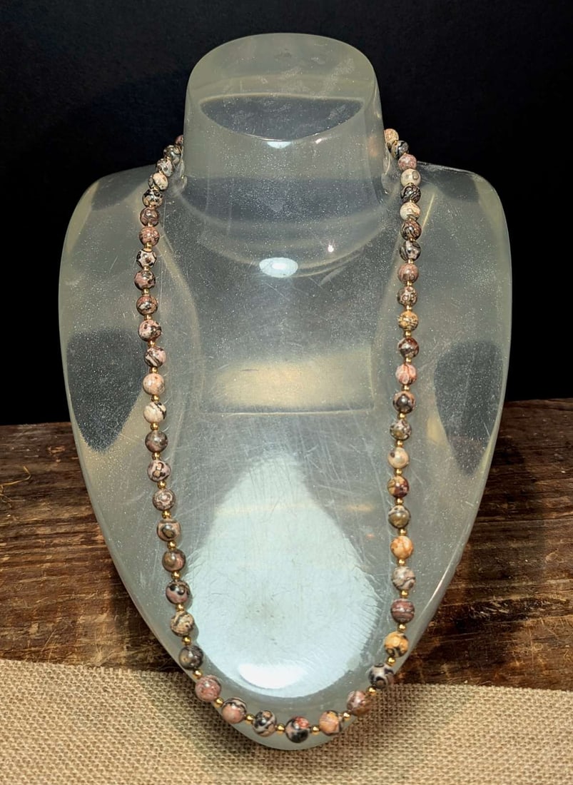 vintage estate jewelry: Jasper necklace: round Agate or Leopard Jasper stone beaded necklace with unmarked antique looking closure and gold toned (untested, possibly gold) spacers about 25" long