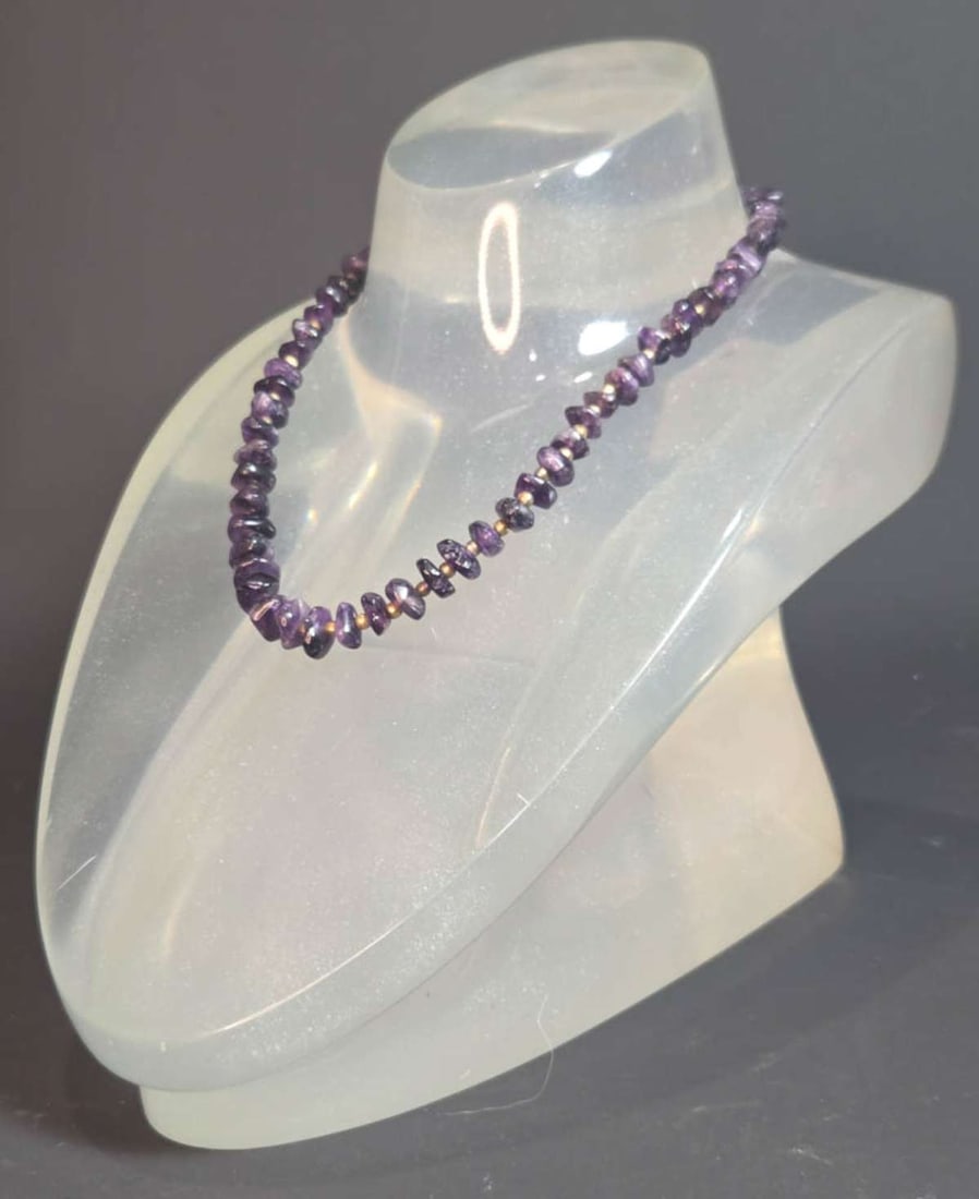 vintage estate jewelry: Amethyst necklace: tumbled purple Amethyst beaded necklace with silver toned round spacers and twist closure about 16" long