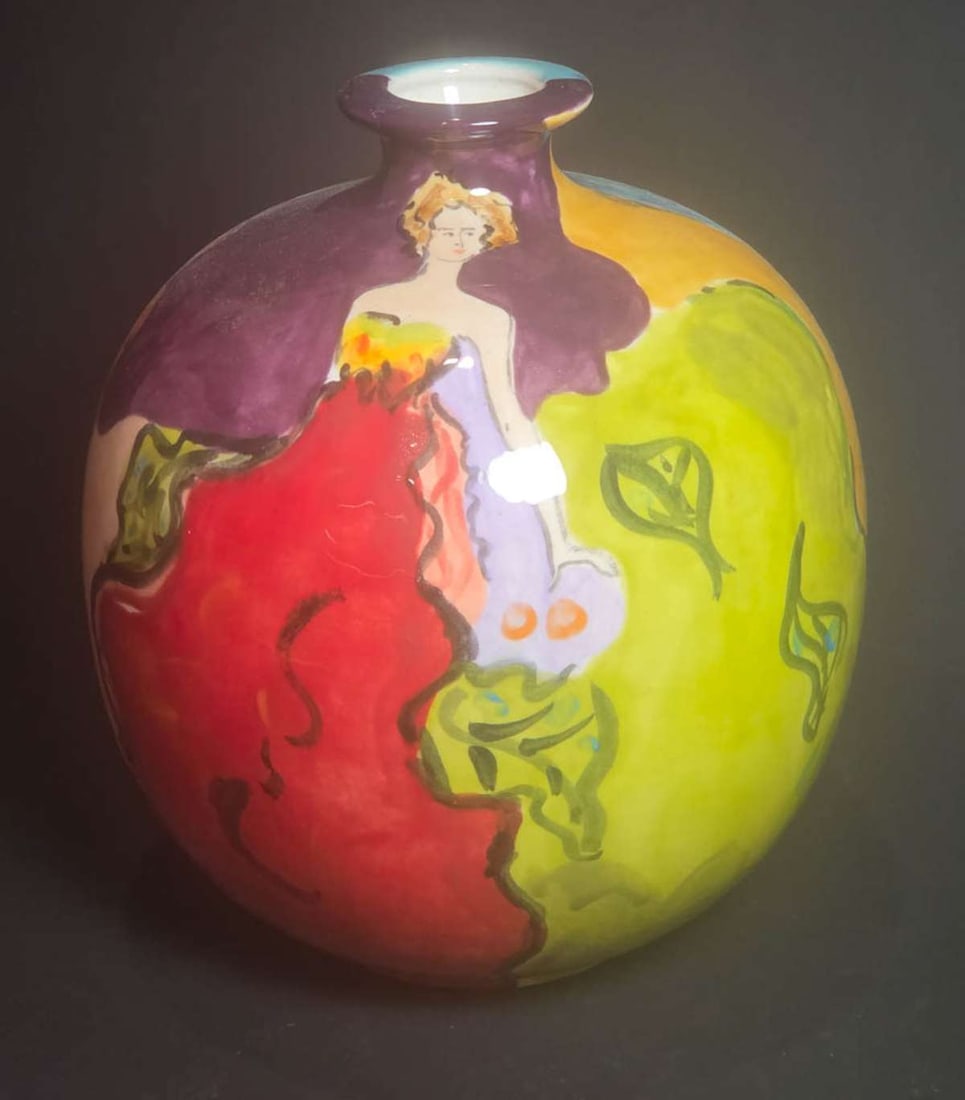 vintage bulbous vase with hand panted women design (1 of 8)
