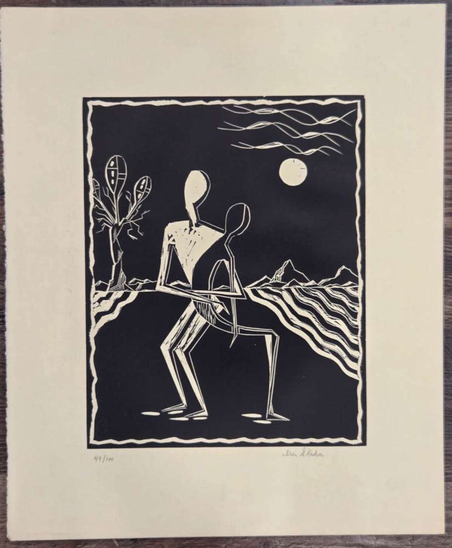 limited edition MCM signed linocut print: late Mid Century Modern or Brutalist style linocut print in black and cream of what appears two Abstract style people in a desert landscape with a sun (or moon?), numbered 49 of 100 and pencil s