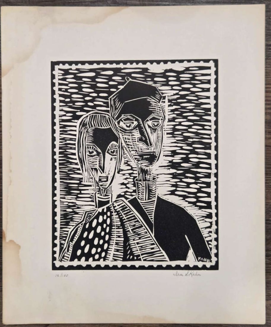 limited edition MCM signed linocut print: late Mid Century Modern or Brutalist style linocut print in black and cream of two Abstract style people, a man and a woman, numbered 12 of 100 and pencil signed by the artist lower right 