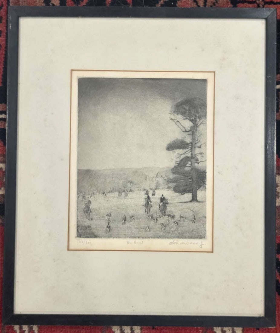 limited edition etching hunt scene by listed artist: vintage or antique etching or engraving in matte and black frame of a field with horses and riders and hunting dogs, edition 125 of 300, titled The Hunt and signed in pencil lower right Do