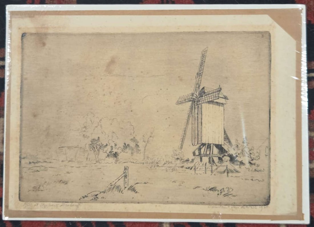 vintage etching Dutch landscape and windmill: vintage or antique etching or engraving with windmill in a field and titled Mill at Sterhoek Brabant (in The Netherlands or Holland) and signed by the artist in pencil Constant van de Wall and dated 1