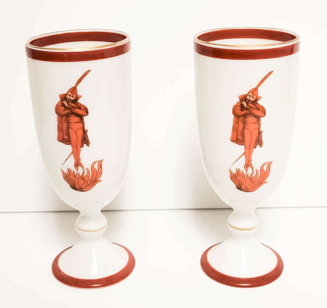 pair vintage porcelain cups with Devil design: matching set of two Cafe Brulot Diabolique cups (also known as Diablo or Flaming Devil cups), each a 4 oz footed and handled demitasse cup used to serve a legendary, flame-lit New Orleans 