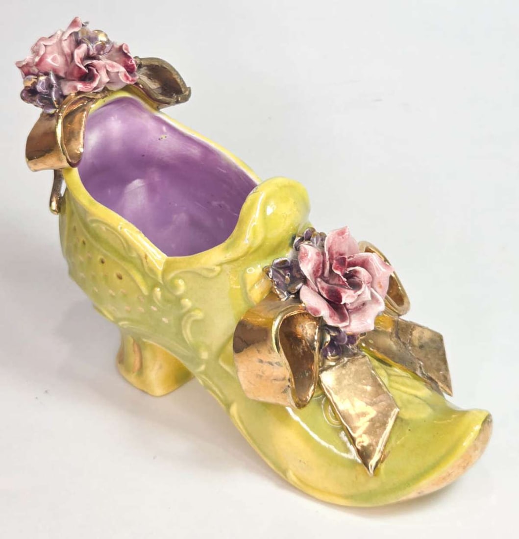 vintage pottery shoe planter: vintage marked Bucks County Pottery (from Pennsylvania) plant pot shaped like a Victorian shoe with floral or flower and gilt ribbon design, with vibrant chartreuse green and pink and purple col