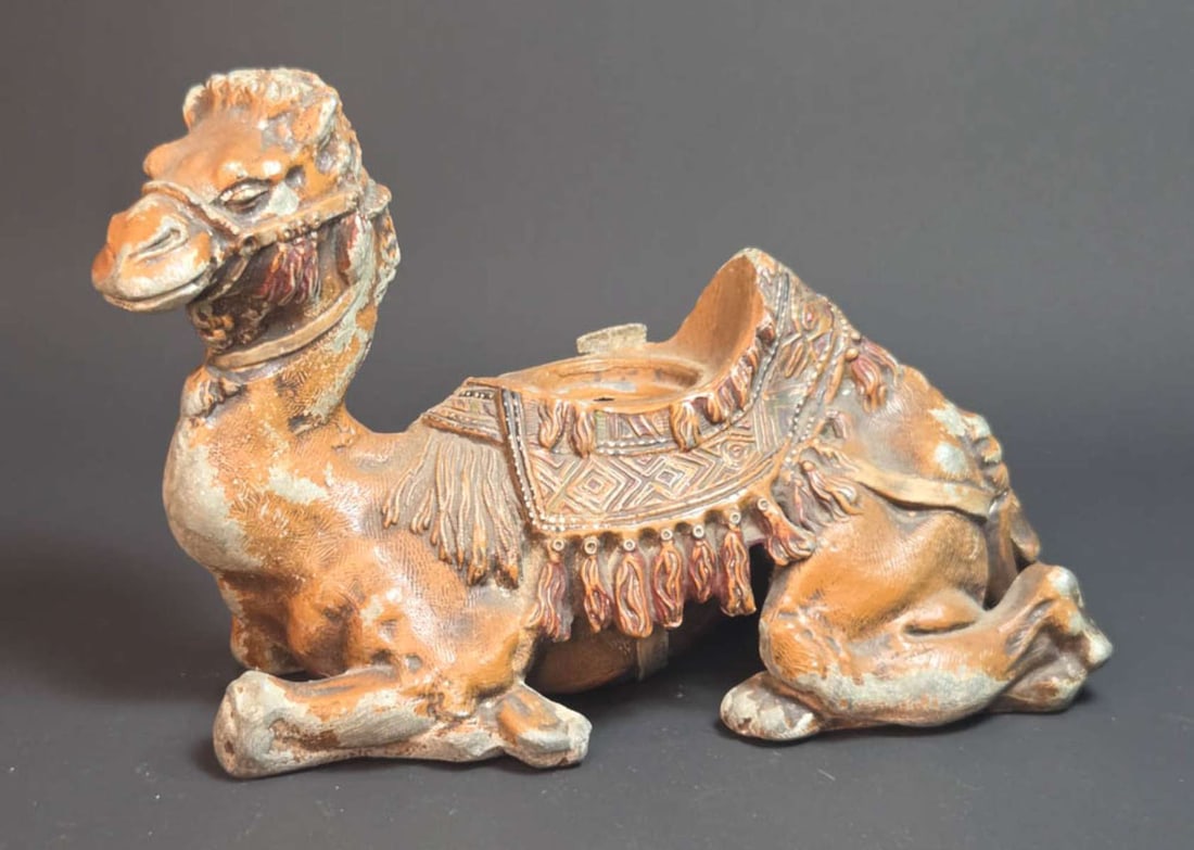 antique figural animal shaped inkwell: vintage or antique Art Deco Era desk inkwell shaped like a Dromedary or Camel, full body animal in lying down position, made from painted Spelter or pot metal about 9" long by 6"