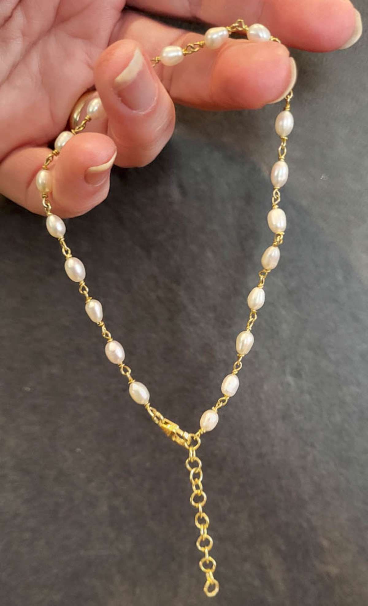vintage estate jewelry: child size pearl necklace: marked 925 for gold filled over Sterling silver clasp closure and marked Italy with H (or FL) artist mark, adjustable size choker necklace or child's size with string of white freshwater pe