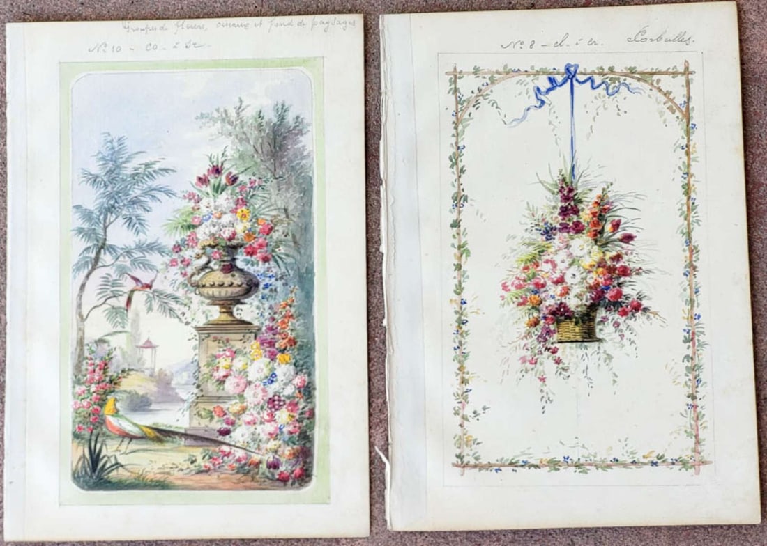 PAIR antique French paintings of wall or mural design: lot or set of two antique (ca. mid-1700's to early 1800's style) vibrantly colored watercolor illustration paintings on paper, each with pencil written text in French explaining what t