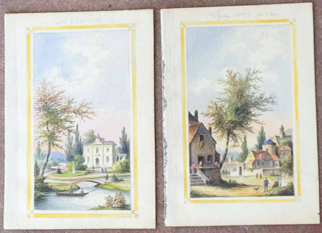 PAIR antique French paintings of wall or mural design: lot or set of two antique (ca. mid-1700's to early 1800's style) vibrantly colored watercolor illustration paintings on paper, each with pencil written text in French explaining what t
