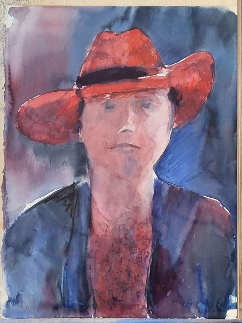 vintage portrait watercolor painting: unsigned vintage watercolor on paper depicting the portrait of a woman in a red hat and blue jacket