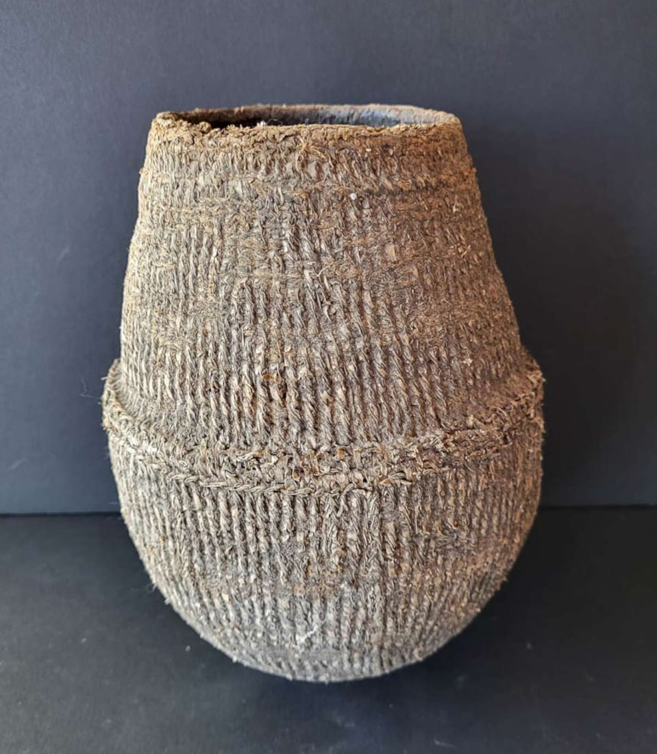 Oromo Ethiopian Borana milk jar: vintage or likely even antique African grass or plant fiber jug or jar, used for holding liquids about 8 3/4" high by 6 1/2" widest diameter Info from online search: "The jars are
