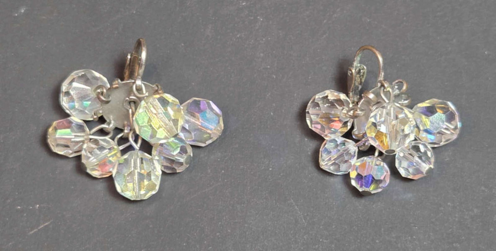 antique estate jewelry: rhinestone earrings: antique rhinestone screw back earrings, with dangly iridescent stones from the German Rhein River, great Victorian or Art Deco period diamante or paste jewelry