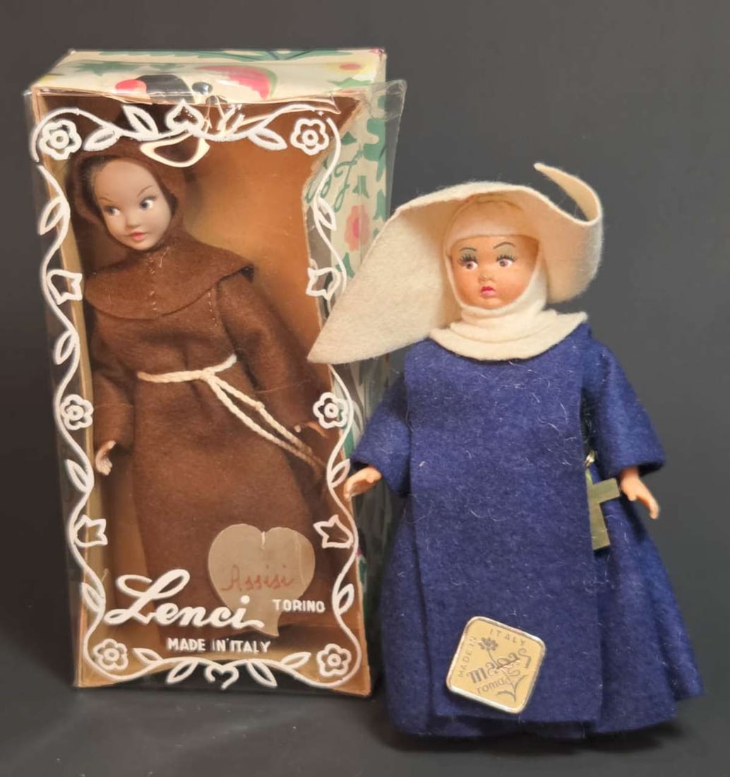 PAIR vintage Italian doll Lenci: NIB or new in box vintage Lenci Torino Made in Italy doll named Assisi (after the Saint), with Magis Roma labeled nun doll in bleu felted wool habit outfit box about 7" tall and Magis doll 