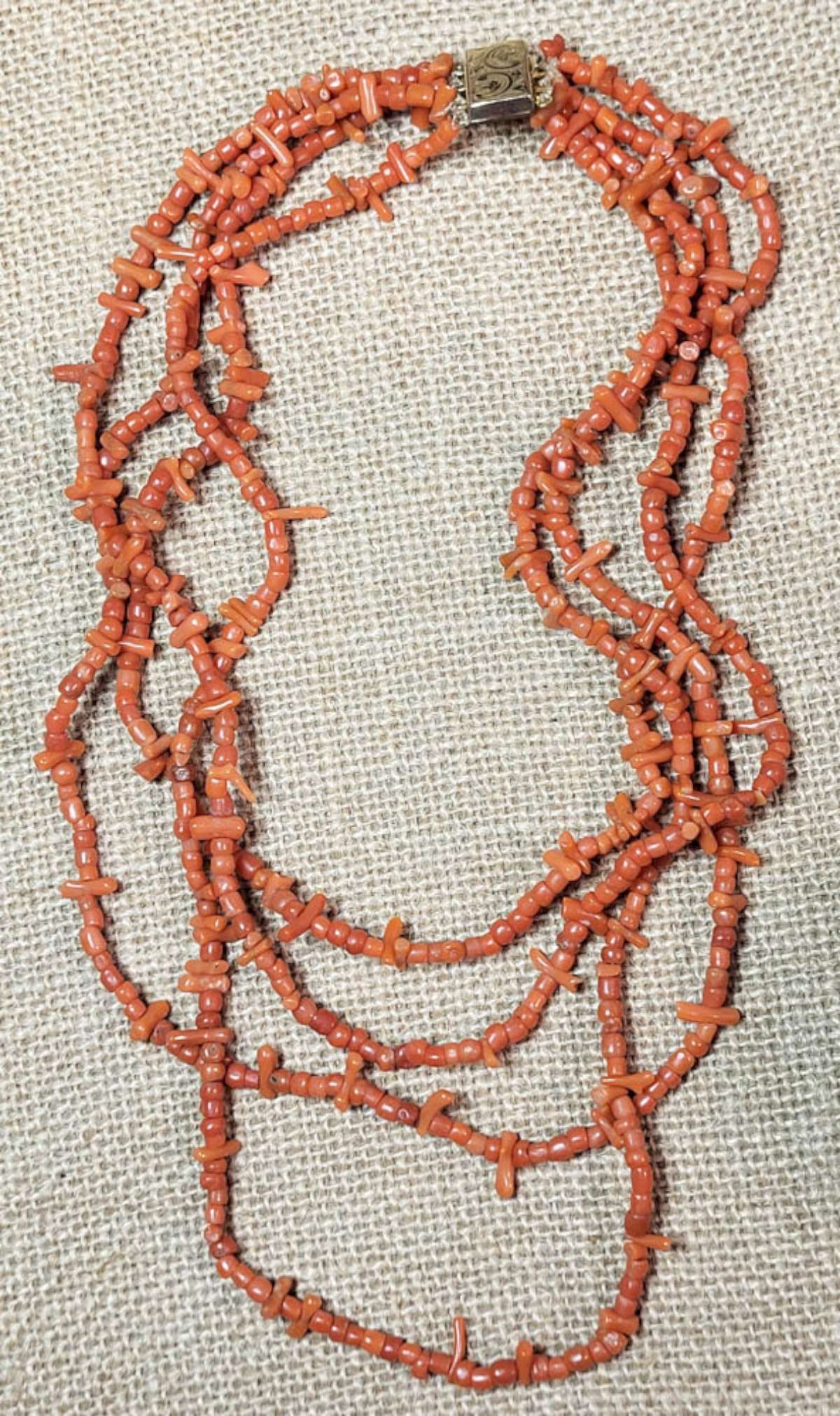 antique estate jewelry: coral necklace: antique real coral stalk and beads necklace with 4 strands and illegibly marked clasp M