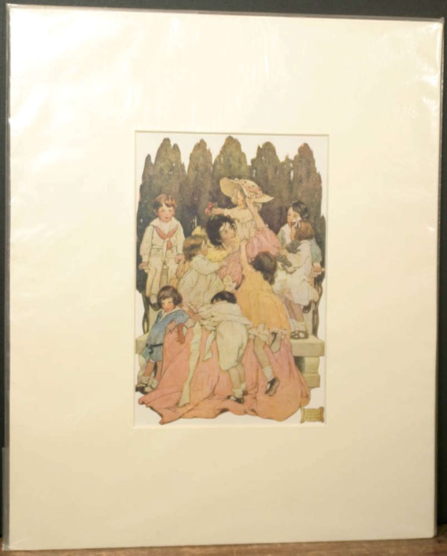 antique lithograph print Jessie Willcox Smith: adorable chromolithograph print by Jessie Willcox Smith depicting a woman being buried in adoring children hugging her and putting flowers in her hair matte is about 10 1/2" wide by 13 5/8" 