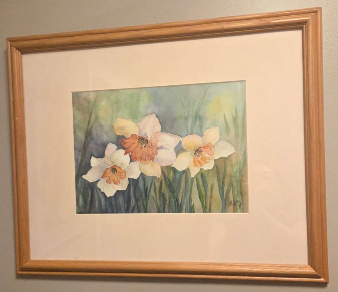 vintage floral watercolor still life painting: vintage watercolor painting, matted and in wooden frame, depicting Daffodils or other flowers and signed lower right as shown with initials B.L.G frame about 15 5/8" high by 19 3/4&qu