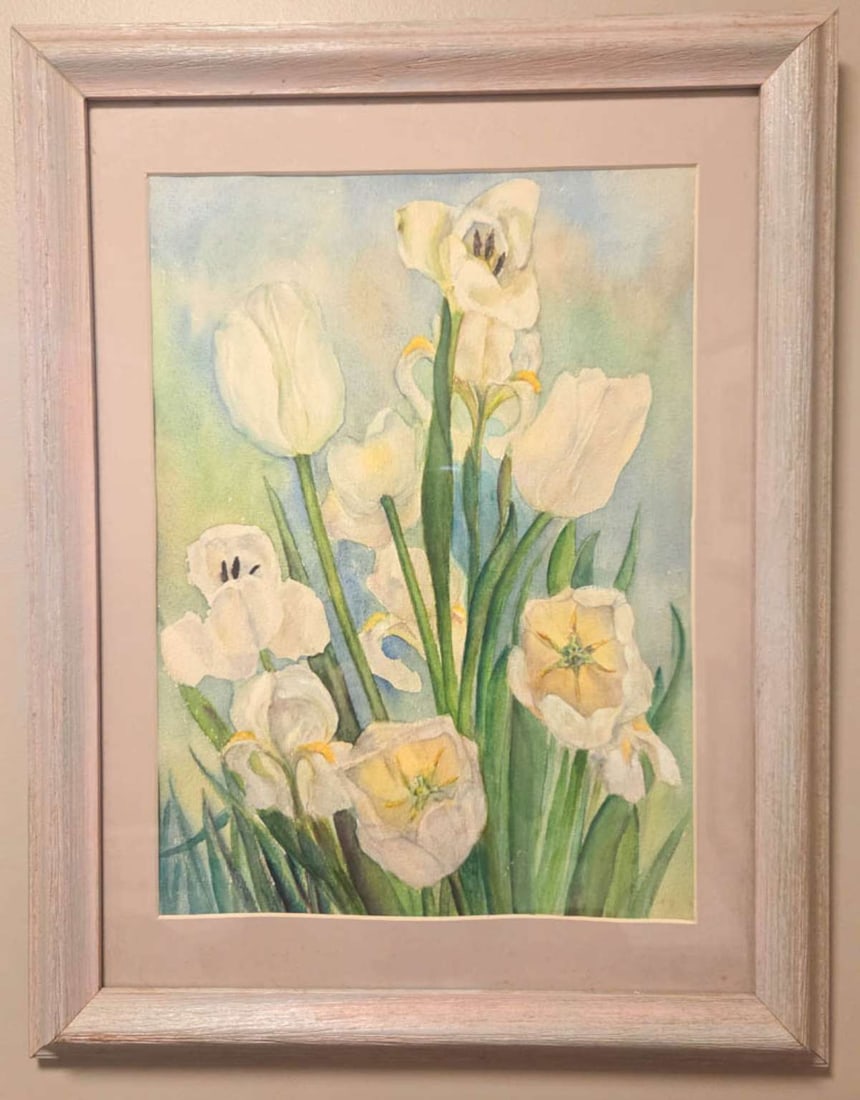 vintage floral watercolor still life painting: vintage watercolor painting, matted and in wooden frame, depicting white Tulips or other flowers and appears unsigned frame about 15 5/8" wide by 20" high