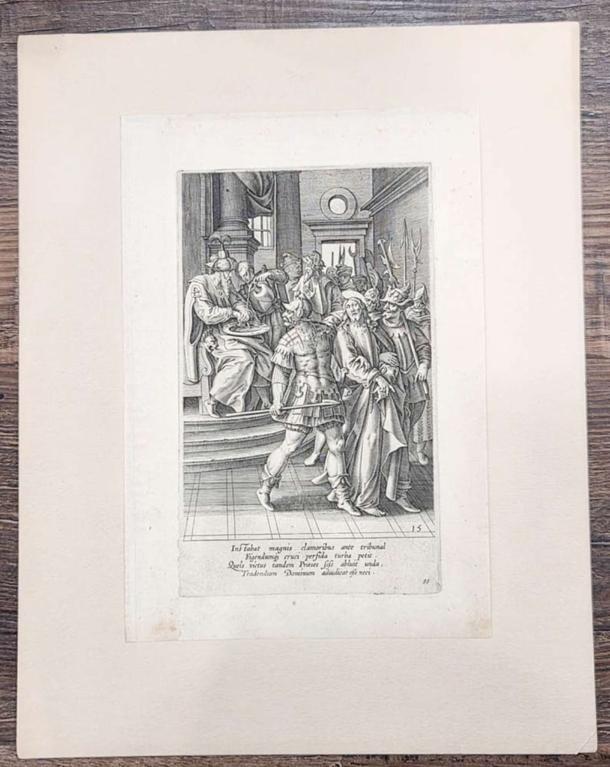 antique religious engraving Jesus Christ: antique book engraving (numbered 15) from the Stations of the Cross, originally designed in the 1500's, depicts Pontius Pilate washing his hands of responsibility, with Jesus st