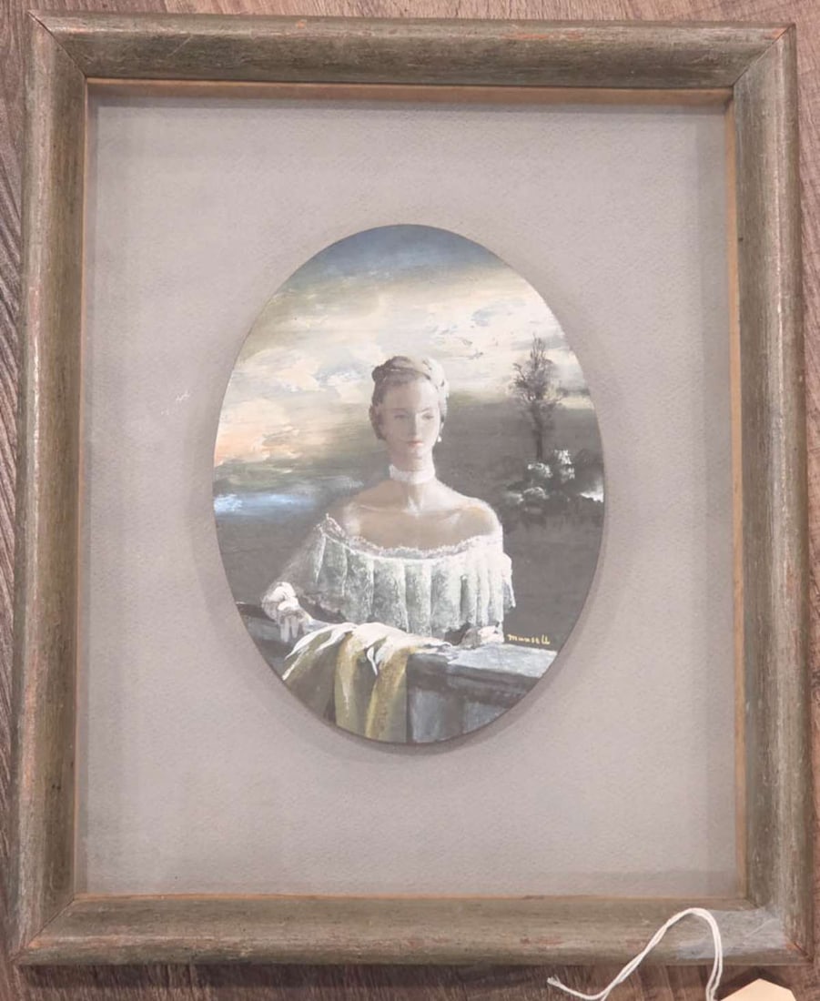 vintage Richard Munsell painting on wood: vintage or antique original oil painting on oval wooden plaque and in wooden frame by American artist Richard Munsell (1903 - 1963), titled Gracious Light and depicting a lady standing at a rail