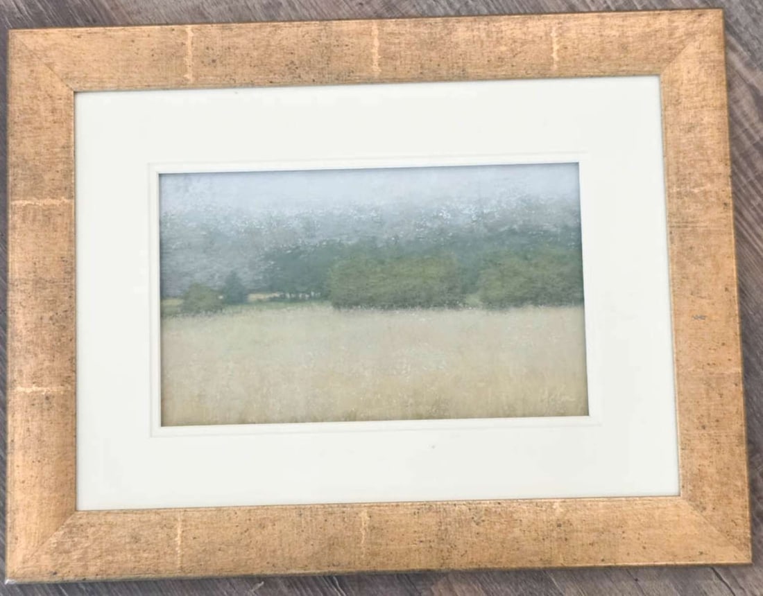 vintage Chris McCauley original landscape painting: beautifully gilt wooden framed pastel or gouache painting of a landscape with trees, signed lower right as shown and with paperwork with more artist info on the back frame about 21 3/4" wid