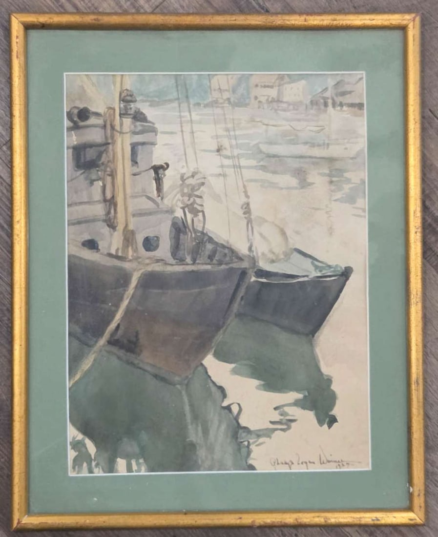 antique listed female artist watercolor painting: vintage dated 1937 original watercolor painting signed lower right as shown Gladys Logan Winner and depicting some moored boats in the water at a harbor, matted and gilt wooden framed frame abou
