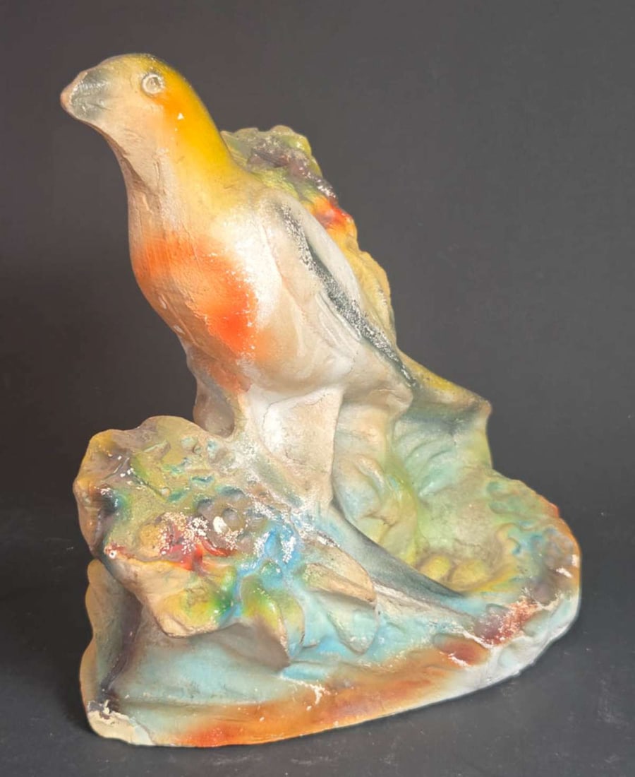 vintage chalkware animal: vintage or antique carnival prize, hand painted and shaped like a bird about 7 1/2" long by 8 1/4" high