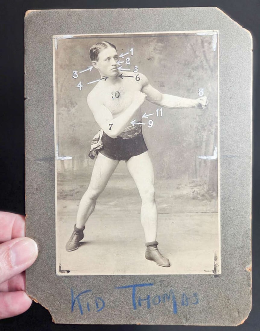 antique publicity photograph pugilist: stamped 1908 black and white photograph, hand signed Kid Thomas in two places, but please see all pictures and judge for yourself, no COA, depicts a boxer posing and with later