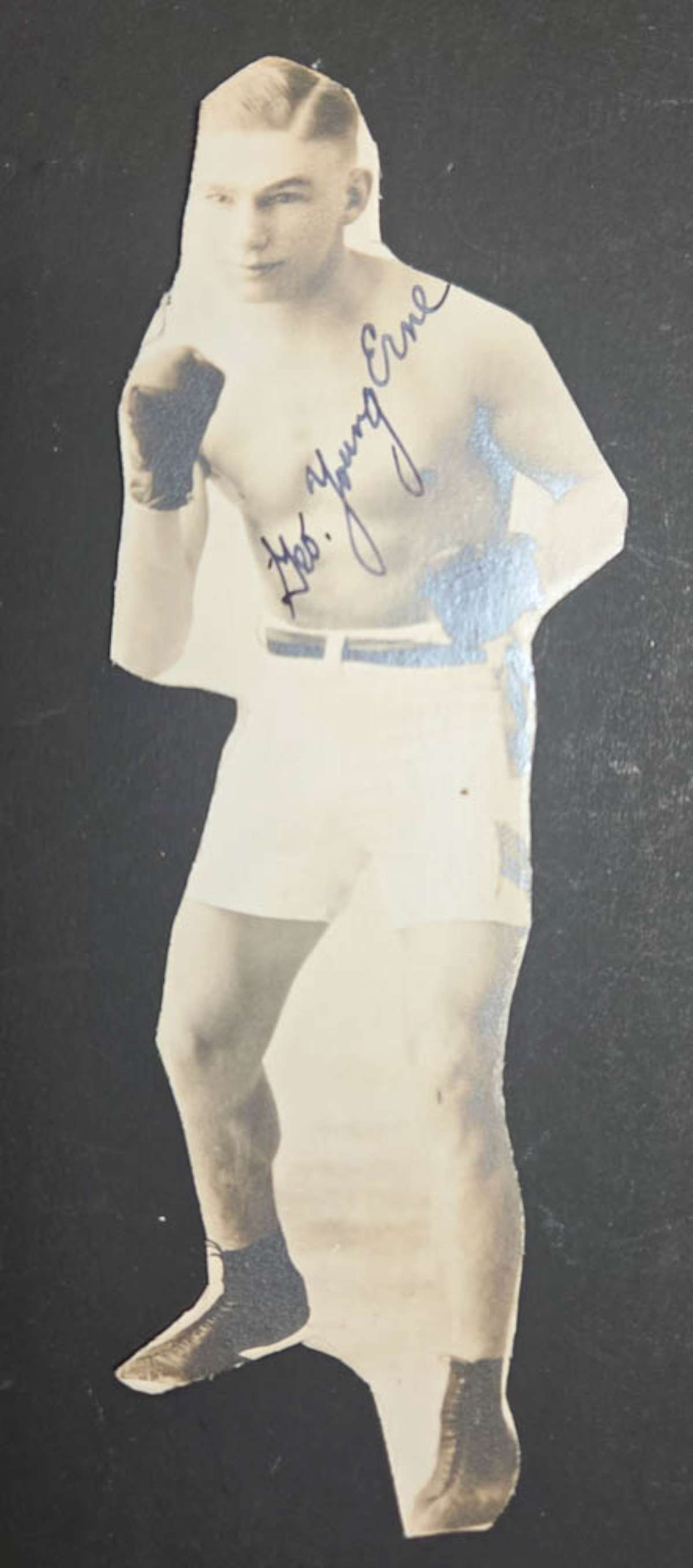 antique publicity photograph pugilist: antique cut-out photograph with pen and ink autograph or signature Geo Young Erne, but see all pictures and judge for yourself, no COA about 5 1/8" high Info from online search: "