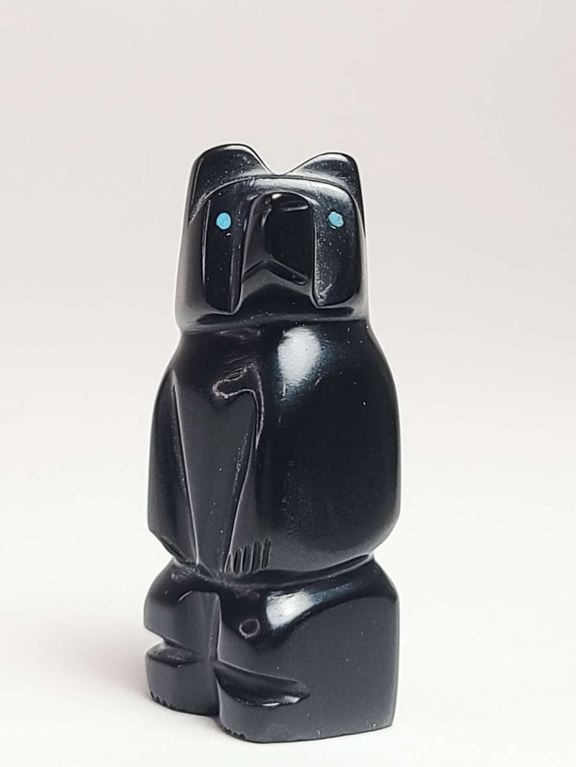 Native American Zuni Fetish animal: vintage carved Onyx or other black stone bear figural statue with round Turquoise eyes and signed on the bottom as shown and dated 2004 about 2 1/8" tall overall by almost 7/8" diameter Info
