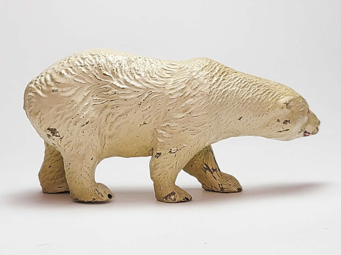 antique Black Forest carved figural animal statue: antique carved wooden white or Polar bear sculpture with old white paint and red eyes and black facial details, unsigned but most likely a German toy height about 2 1/2" by 4 1/2" long