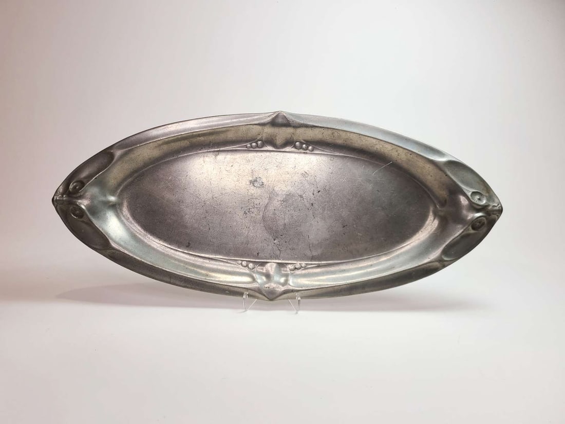 stunning Kayserzinn Art Nouveau tray: beautiful numbered 4474 antique serving tray in typical Jugendstil or Art Nouveau style, bird (Owl?) or fish heads on each end and abstract pods or seeds on the middle edges about 18 1/2" b