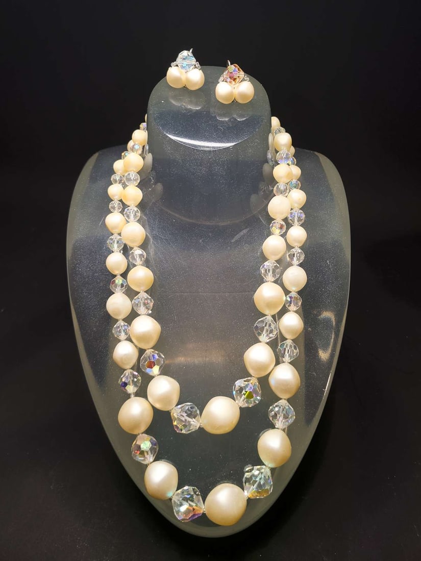 vintage estate jewelry: faux pearl suite: vintage faux Baroque pearls and clear iridescent faceted Rhein or rhinestone beads, a matching set of a double strand necklace and clip earrings, unmarked about 17" in length (graduat