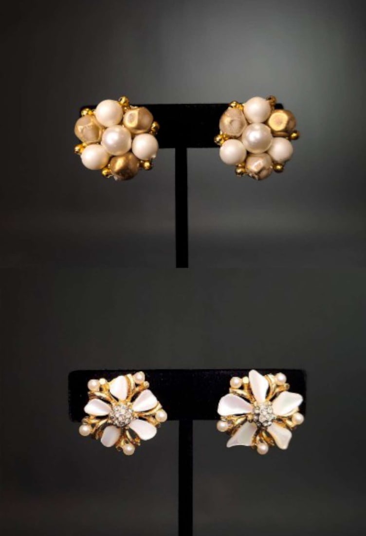 vintage estate jewelry: pair clip earrings: vintage MCM or Mid Century Modern set or lot of two pair of clip earrings, one marked Hong Kong and both gold toned with faux pearl accents, one with clear cut rhinestone chips aprox. 1&qu
